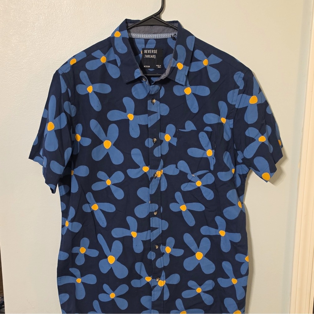 Reverse Threads Men's Woven SS Button-Up Floral M Blue/Yellow #169